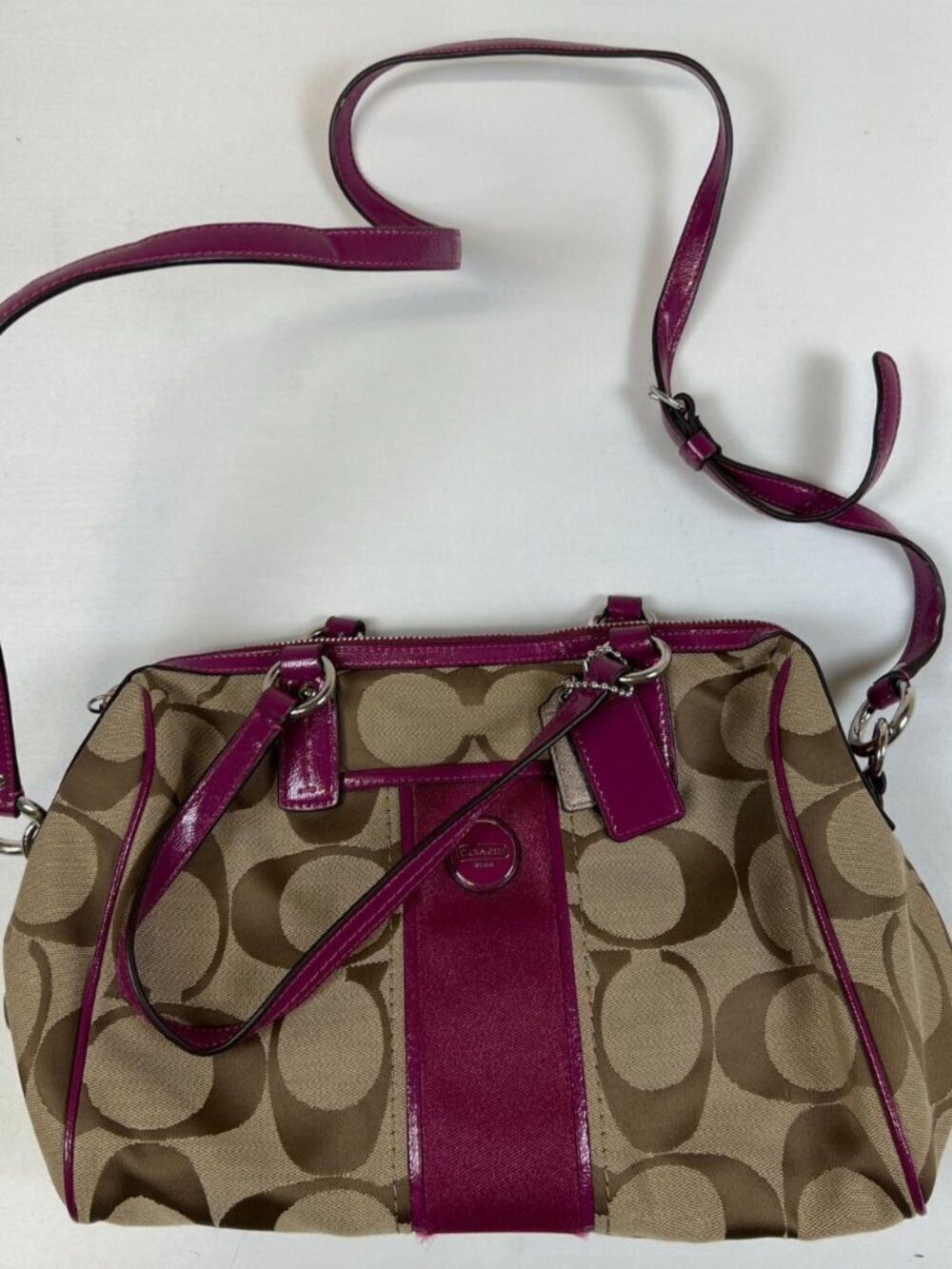 Y2K Coach F21234 Signature Stripe Satchel Magenta Patent Leather Crossbody Bag